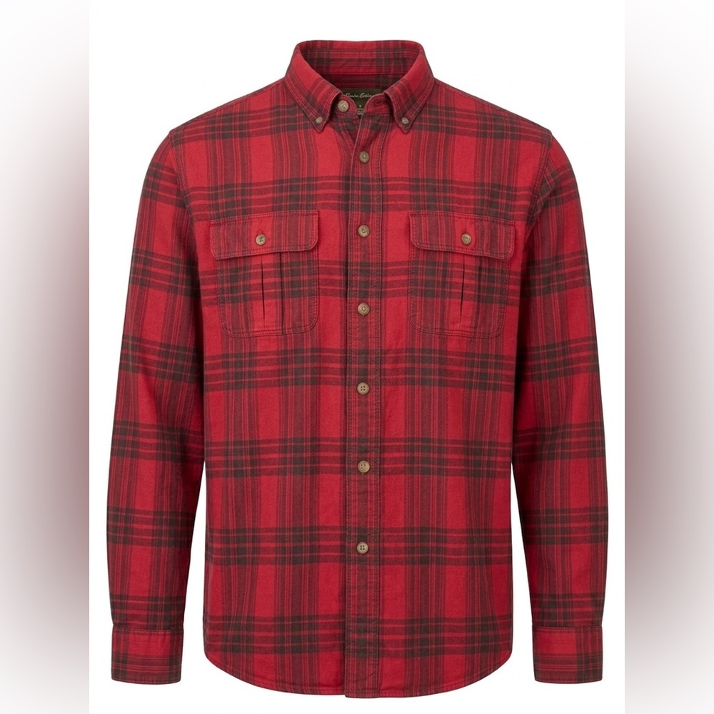 Eddie Bauer Men’s L Red Black Plaid Cotton Twill Shirt Long Sleeve Button Up